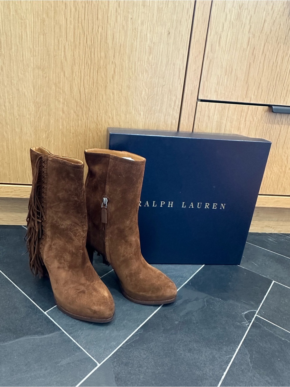 Ralph Lauren Brown Suede Fringe Ankle Boots, Size 38.5
